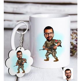 BK Kişiye Özel Asker Karikatürlü Beyaz Kupa ve Anahtarlık