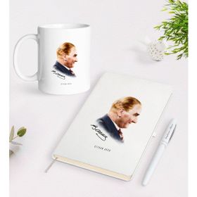 BK Kişiye Özel Atatürk Temalı Beyaz Defter Kalem Kupa Seti