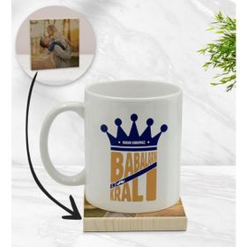 BK Kişiye Özel Babaların En Kralı Tasarımlı Beyaz Kupa Bardak ve Ahşap Bardak Altlığı