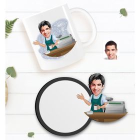 BK Kişiye Özel Barista Karikatürlü Beyaz Kupa ve Ahşap Bardak Altlığı