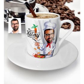 BK Kişiye Özel Bay Master Chef Beyaz Karikatür Tekli Türk Kahvesi Fincanı