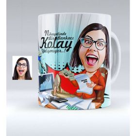 BK Kişiye Özel Bayan Bankacı Karikatürlü Beyaz Kupa Bardak