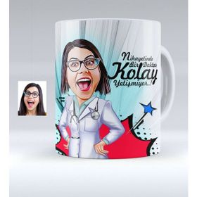 BK Kişiye Özel Bayan Doktor Karikatürlü Beyaz Kupa Bardak