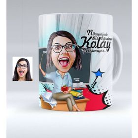 BK Kişiye Özel Bayan Öğretmen Karikatürlü Beyaz Kupa Bardak
