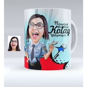 BK Kişiye Özel Bayan Polis Karikatürlü Beyaz Kupa Bardak