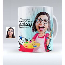 BK Kişiye Özel Bayan Ressam Karikatürlü Beyaz Kupa Bardak