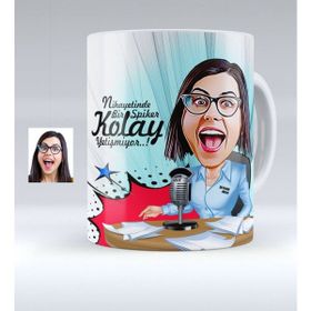 BK Kişiye Özel Bayan Spiker Karikatürlü Beyaz Kupa Bardak
