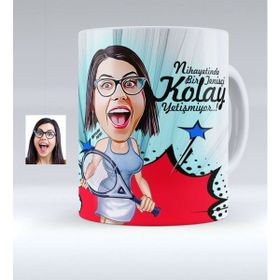 BK Kişiye Özel Bayan Tenis Oyuncusu Karikatürlü Beyaz Kupa Bardak