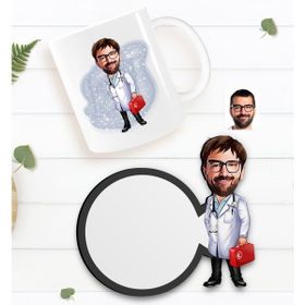 BK Kişiye Özel Erkek Acil Tıp Teknisyeni Karikatürlü Beyaz Kupa ve Ahşap Bardak Altlığı