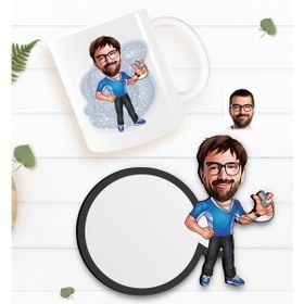 BK Kişiye Özel Erkek Antrenör Karikatürlü Beyaz Kupa ve Ahşap Bardak Altlığı