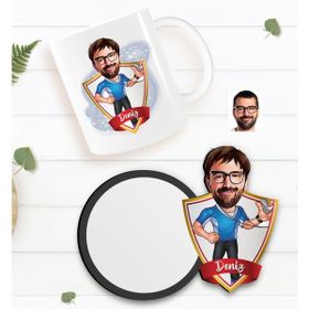 BK Kişiye Özel Erkek Antrenör Karikatürlü Beyaz Kupa ve Ahşap Bardak Altlığı