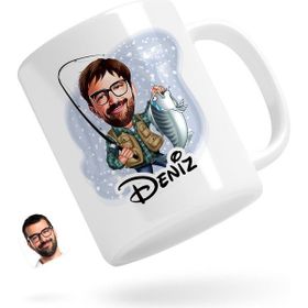BK Kişiye Özel Erkek Balıkçı Karikatürlü Beyaz Kupa Bardak