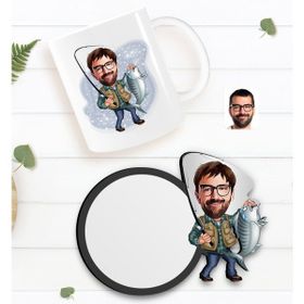 BK Kişiye Özel Erkek Balıkçı Karikatürlü Beyaz Kupa ve Ahşap Bardak Altlığı Hediye Seti
