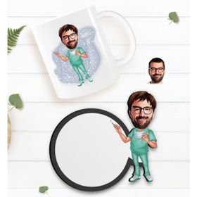 BK Kişiye Özel Erkek Cerrah Karikatürlü Beyaz Kupa Bardak ve Ahşap Bardak Altlığı