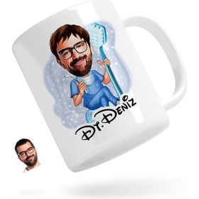 BK Kişiye Özel Erkek Diş Hekimi 2 Karikatürlü Beyaz Kupa Bardak
