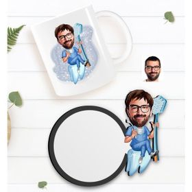 BK Kişiye Özel Erkek Diş Hekimi Karikatürlü Beyaz Kupa ve Ahşap Bardak Altlığı