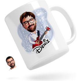 BK Kişiye Özel Erkek Gitarist 2 Karikatürlü Beyaz Kupa Bardak