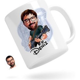 BK Kişiye Özel Erkek Gitarist Karikatürlü Beyaz Kupa Bardak