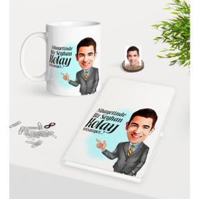 BK Kişiye Özel Erkek Kolay Yetişmiyor Karikatürlü Beyaz Defter ve Kupa