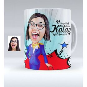 BK Kişiye Özel Hostes Karikatürlü 2 Beyaz Kupa Bardak