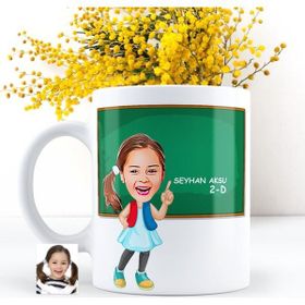 BK Kişiye Özel Kız Öğrenci Karikatürlü Beyaz Kupa Bardak