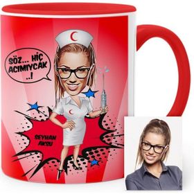 BK Kişiye Özel Mesleki Hemşire Karikatür Kırmızı Kupa Bardak