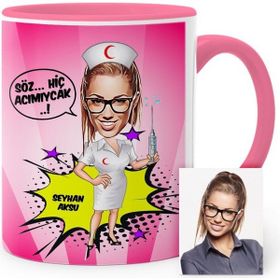 BK Kişiye Özel Mesleki Hemşire Karikatür Pembe Kupa Bardak