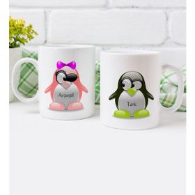 BK Kişiye Özel Penguen Çift Tasarımlı Ikili Beyaz Kupa Bardak