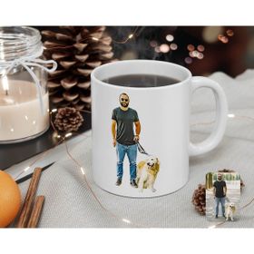 BK Kişiye Özel Tam Boy Erkek ve Köpek Karikatürlü Beyaz Kupa Bardak