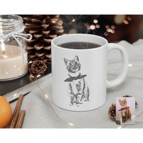 BK Kişiye Özel Tam Boy Karakalem Kedi Karikatürlü Beyaz Kupa Bardak