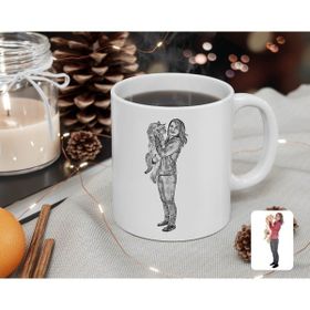 BK Kişiye Özel Tam Boy Karakalem Kız ve Kedi Karikatürlü Beyaz Kupa Bardak
