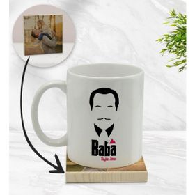 BK Model 12 Kişiye Özel Baba Godfather Tasarımlı Beyaz Kupa Bardak ve Ahşap Bardak Altlığı Hediye Seti