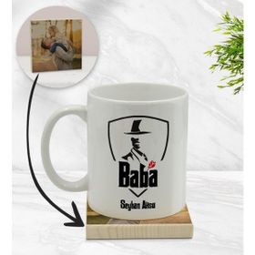 BK Model 15 Kişiye Özel Baba Godfather Tasarımlı Beyaz Kupa Bardak ve Ahşap Bardak Altlığı Hediye Seti