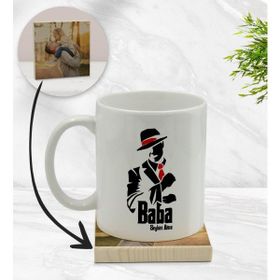 BK Model 18 Kişiye Özel Baba Godfather Tasarımlı Beyaz Kupa Bardak ve Ahşap Bardak Altlığı Hediye Seti