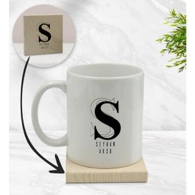 BK Model 34 Gift Kişiye Özel İsimli Beyaz Kupa Bardak ve Ahşap Bardak Altlığı Hediye Seti