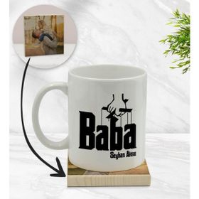 BK Model 5 Kişiye Özel Baba Godfather Tasarımlı Beyaz Kupa Bardak ve Ahşap Bardak Altlığı Hediye Seti