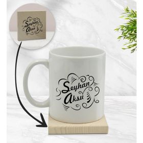 BK Model 6 Gift Kişiye Özel İsimli Beyaz Kupa Bardak ve Ahşap Bardak Altlığı Hediye Seti