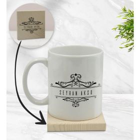 BK Model 9 Gift Kişiye Özel İsimli Beyaz Kupa Bardak ve Ahşap Bardak Altlığı Hediye Seti