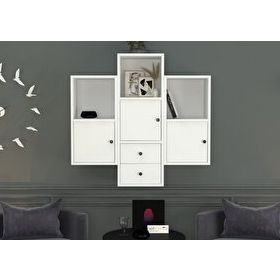 BKConcept DVR-1100-Ç Beyaz 100 cm Kitaplıklı Kapaklı Çekmeceli Duvar Rafı