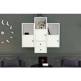 BKConcept DVR-1100-Ç Beyaz 100 cm Kitaplıklı Kapaklı Çekmeceli Duvar Rafı