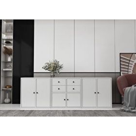 BKConcept KNS-1210-Ç Altı Kapaklı Dört Çekmeceli Raflı Beyaz Çıtasız Konsol