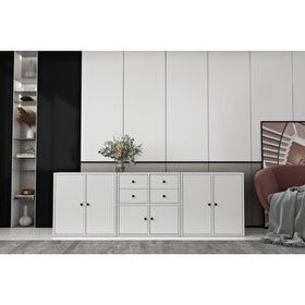 BKConcept KNS-1210-Ç Altı Kapaklı Dört Çekmeceli Raflı Beyaz Çıtasız Konsol
