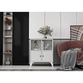 BKConcept KNS-1246-Ç Ayaklı İki Kapaklı Raflı Beyaz Çıtasız Konsol