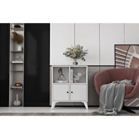 BKConcept KNS-1246-Ç Ayaklı İki Kapaklı Raflı Beyaz Çıtasız Konsol