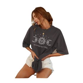 Black Sokak Füme Celestial Sun Moon Baskılı Oversize Kadın T-shirt