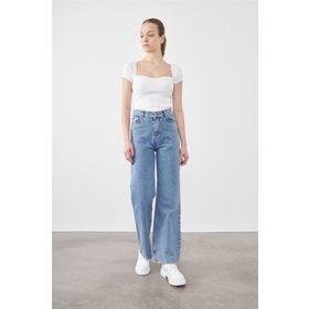 Blue Turtle Mavi Turtle 1001 Denim Ara Mavi Kadın Düz Palazzo Bol Paça Pantolon
