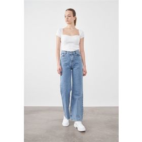 Blue Turtle Mavi Turtle 1001 Denim Ara Mavi Kadın Düz Palazzo Bol Paça Pantolon