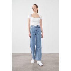 Blue Turtle Mavi Turtle 1001 Denim Ara Mavi Kadın Düz Palazzo Bol Paça Pantolon