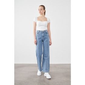 Blue Turtle Mavi Turtle 1001 Denim Ara Mavi Kadın Düz Palazzo Bol Paça Pantolon