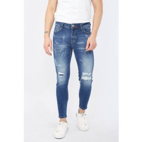 Blue White Erkek Skinny Fit Yırtık Detaylı Koyu Mavi Jean